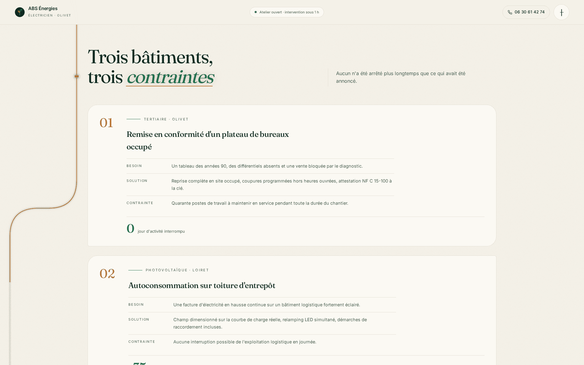 Page réalisations du site ABS Énergies : trois chantiers décrits par besoin, solution et contrainte